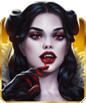 Vampire-themed character with striking red lips