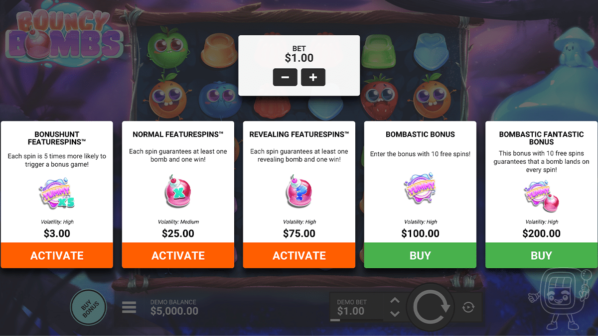 bouncy bombs slot bonus buy options