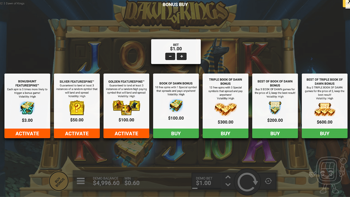 dawn of kings slot bonus buy options